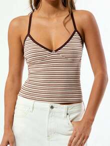 LUNA Camiseta de tirantes a rayas para mujer, chaleco deportivo, chaleco de punto elástico, capa base con escote en V profundo y tirantes finos - Marrón - Ver 3