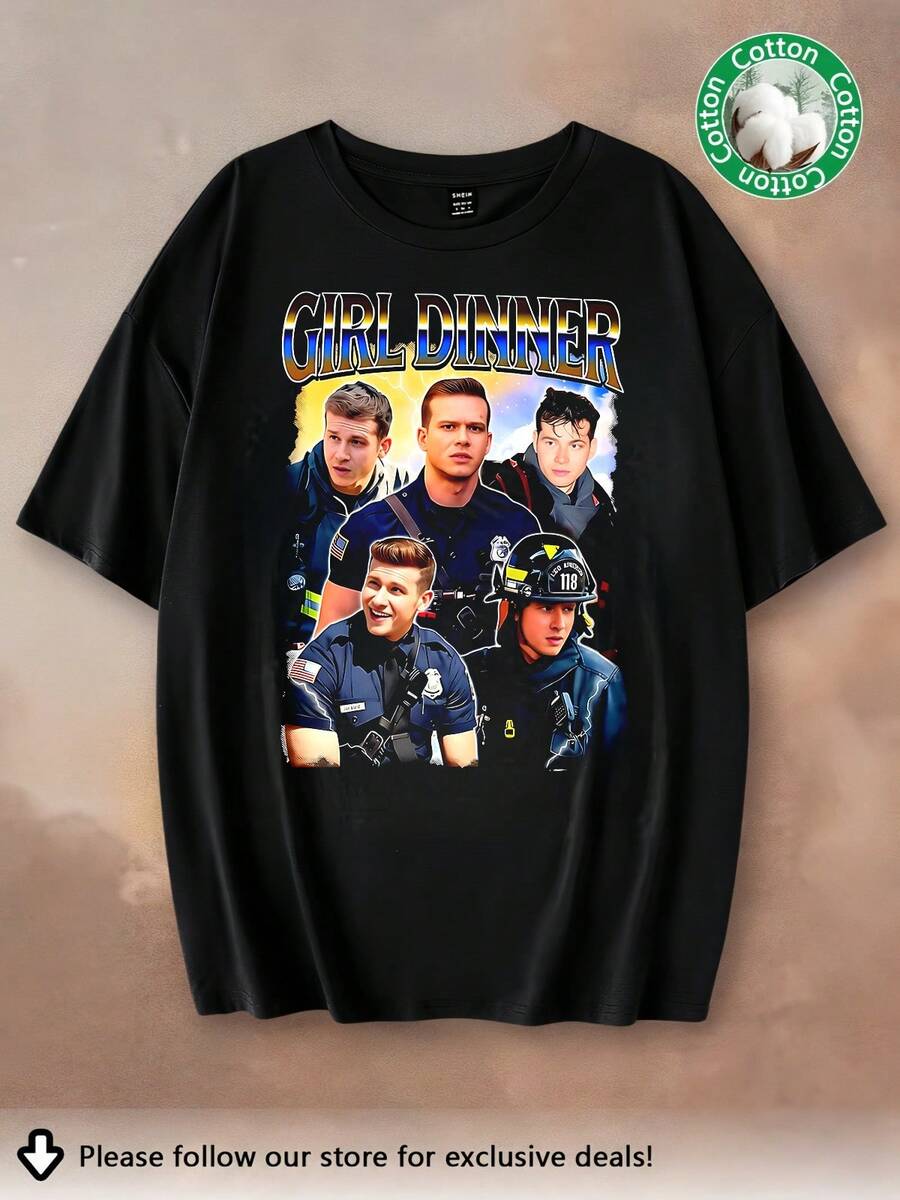T-shirt graphique unisexe oversize << 9-1-1 Girl Dinner », style décontracté avec collage de personnages Buck, imprimé en 2026. Fabriqué en pur coton, il est doux et respirant, convenant aussi bien aux hommes qu'aux femmes. Ce t-shirt décontracté est idéal en toute saison et constitue un souvenir stylé. Parfait au quotidien, il ravira les adeptes de la mode urbaine et les mélomanes. - Noir - Voir 1