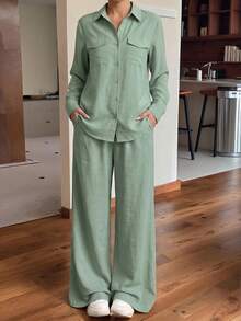 ADD MODA REF AS1790 SHIRT SET WITH POCKETS AND ELASTIC WAIST PANTS - 綠色 - 查看 5
