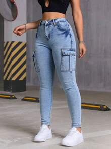 Skinny Cargo Jeans, Blue Wash, Stretchy, With Multiple Pockets, Butt-Lifting Effect, Fitted Cuffs - Light Wash - View 8