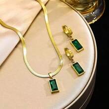 Bộ 3 món dây chuyền và bông tai bằng thép không gỉ hình vuông đính pha lê xanh và đá Cubic Zirconia, trang sức thời trang mới, không phai màu, phù hợp cho nam, nữ và bé gái đeo hàng ngày. - Vàng - Xem 3