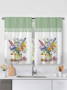 2 piezas Cortina de ventana de cocina con estampado de flores - Diseño de jarrón floral acuarela estilo granja, cortina sin ojales, apta para dormitorio, oficina, cocina, sala de estar, estudio, decoración del hogar - Multicolor - Ver 1