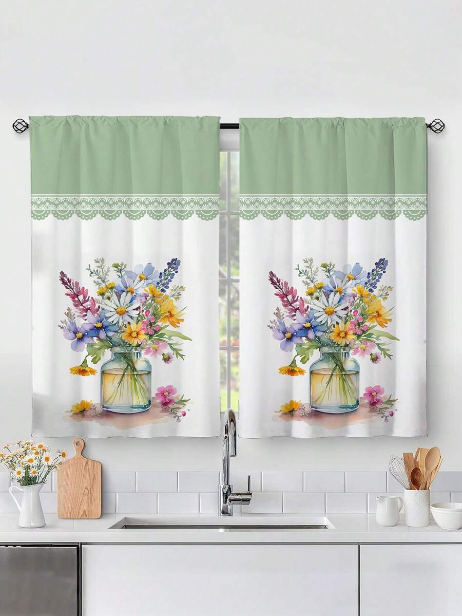 2 piezas Cortina de ventana de cocina con estampado de flores - Diseño de jarrón floral acuarela estilo granja, cortina sin ojales, apta para dormitorio, oficina, cocina, sala de estar, estudio, decoración del hogar - Multicolor - Ver 1