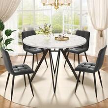 Dining Table Set (5 Pieces), Dining Table Set With 4 Chairs, Modern Kitchen Dining Table Set, 100cm Diameter Round Kitchen Table With Gold Metal Legs, MDF Tabletop With Marble Effect, Grey Dining Chairs - Black - View 2