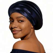 Shimmer African Head Wraps Solid Color Multi-Layer Church Turban For Women Stretch Hat - Navy Blue - View 5
