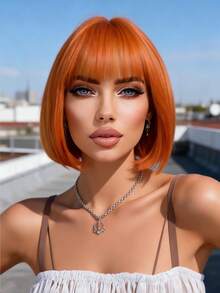 12-Inch Bright Orange Bangs Bob Wig | Short Synthetic Hair Suitable For Y2K Style And Daily Looks - 橘色 - 查看 1