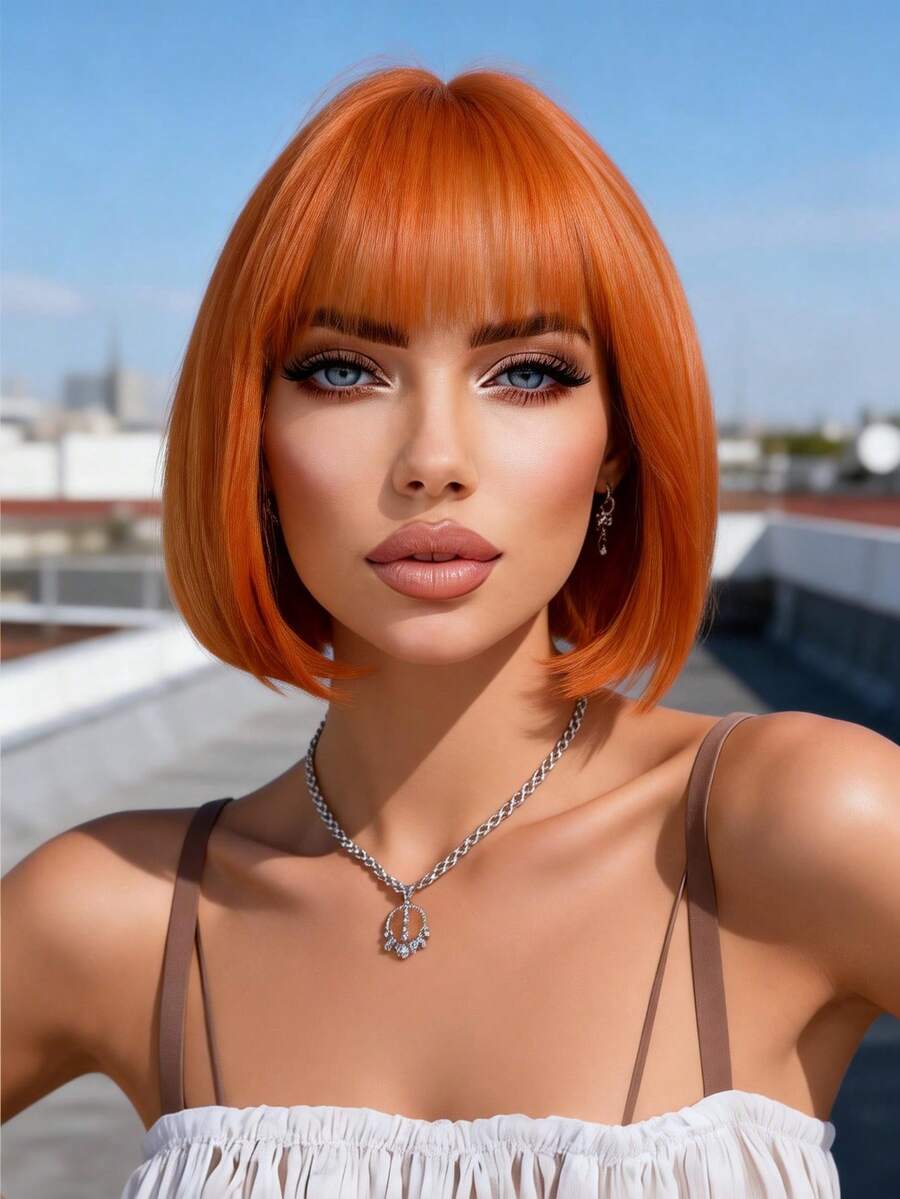 12-Inch Bright Orange Bangs Bob Wig | Short Synthetic Hair Suitable For Y2K Style And Daily Looks - 橘色 - 查看 1