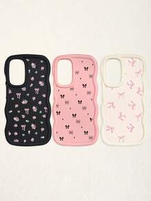 Black White Pink Bowknot Fashion Phone Cases 3pcs Dopamine Themed Wavy Edge Bowknot Pattern Phone Cases Compatible With IPhone & Galaxy Phones Spring Gift - Multicolor - View 62