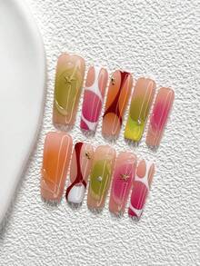 10Pcs Cool Style Handmade Nail Art Set,Polygel Nail Set,Starfish, Small Gold Beads Nail Art Accessories,Stripe Nail Art Decorations,Orange, Red, Green And Purple Nail Polish,Artistic Color Blocking Style,Comes With Nail Tools(1 Sheets Jelly Stickers+1PC Nail File)3 Sizes Available,Almond Nails, Duck Nails,Coffin Nails,Suitable For Reunion,Daily,Party,Photograph,Play,Spring Summer,Commute Supplies Nails - 彩色 - 查看 12