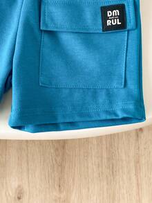 2 Peças Conjunto de Bebê Menino com Top de Manga Curta Gola Redonda com Estampa de Tigre Cartoon e Listras Decorativas Azul Marinho, Combinando com Shorts de Cintura Elástica Azul - Cinza Claro - Visão 8