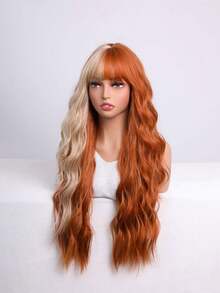22-Inch Ginger To Golden Yellow Gradient Long Wavy Wig With Bangs | Y2K Dopamine Style Synthetic Hair - Burnt Orange - View 4