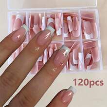 120pcs Glossy End Solid Color Press-On Nails • White And Pink • Square-Shaped Medium Length • For Hands And Feet • Salon-Quality Fake Nails • Easy To Apply • Adorable Beauty Additions • Smooth Surface - Nhiều màu - Xem 1