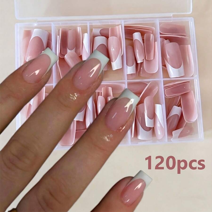 120pcs Glossy End Solid Color Press-On Nails • White And Pink • Square-Shaped Medium Length • For Hands And Feet • Salon-Quality Fake Nails • Easy To Apply • Adorable Beauty Additions • Smooth Surface - Nhiều màu - Xem 1