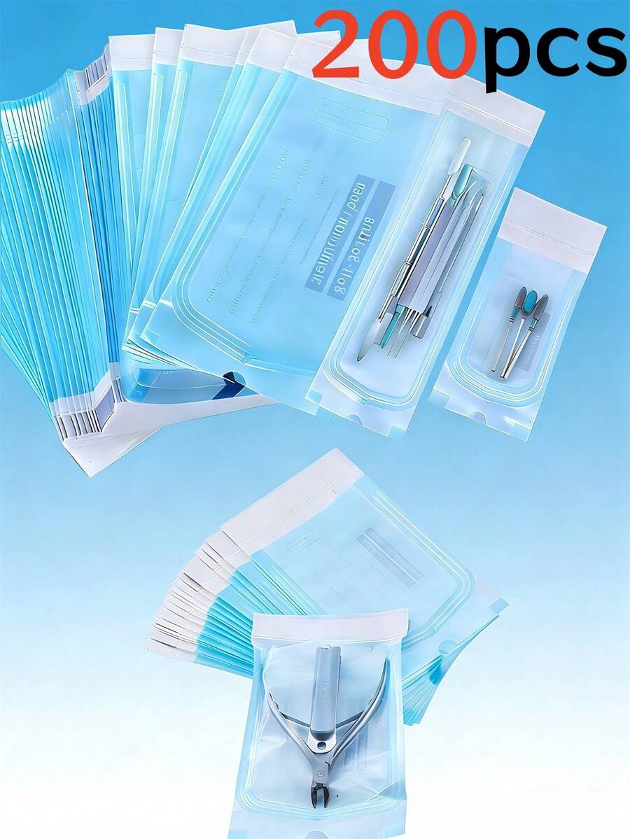 200/100/50个装耐高温美甲工具消毒袋，多种尺寸自封式消毒袋，一次性消毒储存袋，适用于美甲工具、修脚工具、纹身工具、牙科工具、美甲用品、美甲艺术工具。高温消毒后提供长期无菌保护，防止交叉感染。美甲沙龙、纹身工作室、牙科诊所及日常使用必备的消毒耗材。