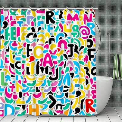1-Piece Bathroom Shower Curtain Set Featuring A Colorful Graffiti Letter Print; Boasting A , Street-Style Hip-Hop Aesthetic, It Is Both Waterproof . The Set Includes 12 Hanging Hooks, Along With A Matching Toilet Lid Cover, Bath Mat, And Floor Rug. Crafted From High-Quality Synthetic Fabric, It Is Machine-Washable And Mildew-Resistant-Making It The Perfect Choice For Holiday Celebrations, Home Decor, Bedrooms, And Stylish Living Spaces, And Summer-Themed Interiors.