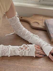1pair,White Lace Arm Sleeves For Women, Ultra-Thin Summer Sun Protection Wrist Cover, Solid Color Breathable Gloves With Ribbon Ties - Multicolor - View 4