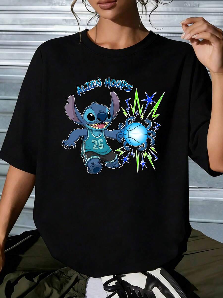 Disney Lilo & Stitch Alien Hoops Graphic T-Shirt, Oversized White TeeCrafted From Soft, Comfortable, And Durable Pure Cotton Fabric, This Round-Neck T-Shirt Is An Ideal Choice For The Spring And Summer Seasons. Suitable For A Wide Range Of Occasions-Including Daily Wear, Shopping, Parties, Travel, And Social Gatherings-It Also Makes For An Exquisite Gift. - 黑色 - 查看 1