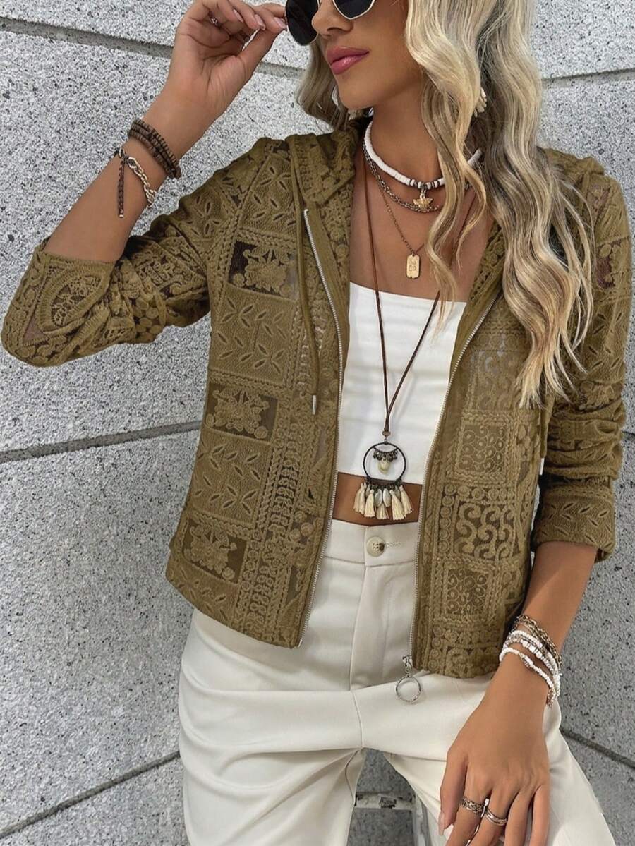 Vacation Style Casual Crochet Lace Zip-Up Hooded Cardigan - Brown - View 1