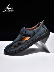 Salkin 男士手工缝制沙滩凉鞋，夏季户外休闲鞋，简约时尚镂空拖鞋，适合户外和度假穿着，舒适透气防滑 - 藍色 - 查看 1