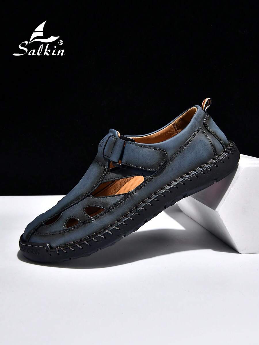 Salkin 男士手工缝制沙滩凉鞋，夏季户外休闲鞋，简约时尚镂空拖鞋，适合户外和度假穿着，舒适透气防滑 - 藍色 - 查看 1