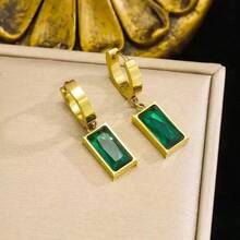 Bộ 3 món dây chuyền và bông tai bằng thép không gỉ hình vuông đính pha lê xanh và đá Cubic Zirconia, trang sức thời trang mới, không phai màu, phù hợp cho nam, nữ và bé gái đeo hàng ngày. - Vàng - Xem 5