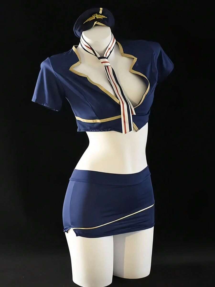 Captain & Flight Attendant Uniform Costume Set, Streamer Cosplay Outfit, JK Premium Short Sleeve Shirt 5-Piece Set - Blue - View 1