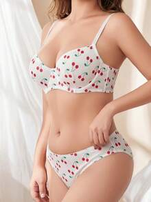 Women's Lingerie Set, Sweet Cherry All-Over Print Textured Comfortable Underwire Bra And Panty 2 Pieces Set - White - View 5