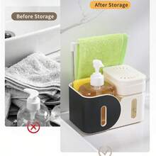 4 em 1 Dispenser de Sabonete com Bomba Dupla + Esponja de Polpa de Madeira + Suporte para Pano, Suporte de Armazenamento para Pia de Cozinha, Sabonete Líquido e Detergente de Louça Tipo Pressão Tudo em Um, Utensílio Prático para Feriados - multicolorido - Visão 6