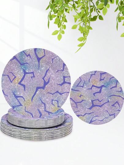 10pcs/20pcs/30pcs Purple Iridescent Glitter Geometric Paper Plates Set, 9 & 7 Inch Disposable Paper Plates, Purple Blue Irregular Crackle Pattern Plates, Dinner Plates For Birthday, Disco, Bachelorette,K-Pop Theme Party, Baby-Shower & Party Table Decorations Men Women