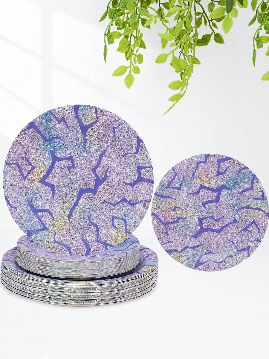 10pcs/20pcs/30pcs Purple Rainbow Geometric Pattern Paper Plates Set, 9-Inch And 7-Inch Asymmetrical Cracked Design Paper Plates, Suitable For Birthday Party, Disco, Bachelorette Party, K-Pop Theme Party, Other Party Tableware Decor, Unisex - Multicolor - View 1