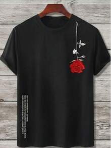 Manfinity Homme Men Floral & Slogan Graphic Short Sleeve Tee & Drawstring Waist Shorts Set, For Husband, Going Out - Black T-shirt - View 8