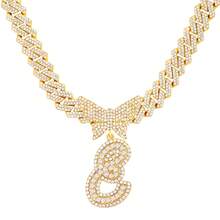 14mm Cuban Link Crystal Butterfly Letter Name Pendant Necklace, Sparkling Paved Rhinestone Cursive Letter Hip Hop Jewelry, New Arrival - Necklace - View 28