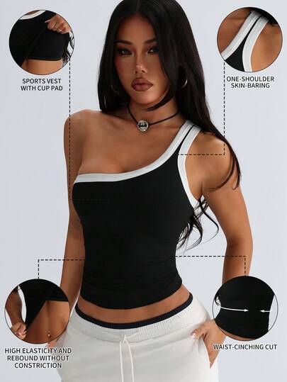 Áo tank top có dây đeo vai có thể tháo rời, tích hợp miếng đệm ngực, kiểu dáng phối màu, cổ bất đối xứng, đa năng cho các dịp thường ngày, thể thao, mặc nhiều lớp, phù hợp cho mùa xuân, hè, thu, đông.