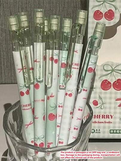 4pcs Matcha Color Cherry Automatic Pencils, Fashionable High-Quality Butterfly/Red Cherry Mechanical Pencils, Durable 0.5mm Lead, Back To School, Student & Office Supplies