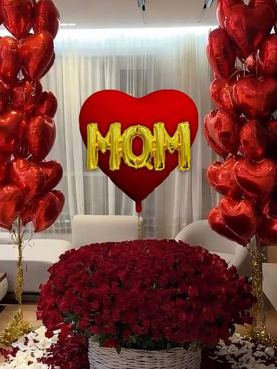 6pcs/3pcs Set, Mother's Day Decoration Set, 32-Inch Giant Pink/Red/Gold/Silver Heart Balloons, 16-Inch "MOM" Letter Balloons, Suitable For Mother's Birthday, Wife's Birthday Or Surprise Decoration