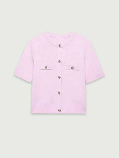 YROOE 女士粉色金属纽扣针织短袖开衫，春夏款