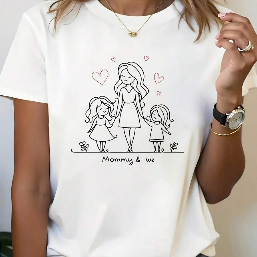 女士“妈妈和我们”家庭爱心印花T恤 - 短袖圆领休闲上衣，印有“父母”字样，常规版型，适合春夏妈妈穿着，可机洗，适合春夏秋季搭配，1件装T恤，2026母亲节女士T恤，母亲节T恤 - 白色 - 查看 1