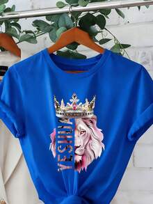 Women's T-Shirt With Lion King Crown And Lioness Pattern - Beige With Pink And Gold Letters, Short Sleeve Round Neck Casual Spring Summer Top, Christi - 藍色 - 查看 4