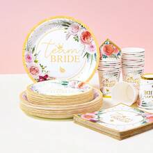 Bride Bathing Gold Pattern Disposable Tableware Set, 7/9 Inch Party Plates, Disposable Paper Plates, Cups, Napkins, Suitable For Festivals, Weddings, Engagements, Birthdays, Parties, Celebrations - Multicolor - View 1