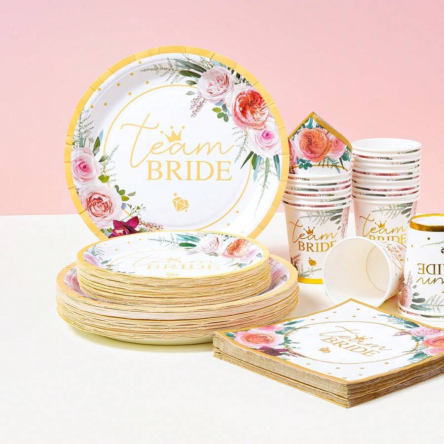 Bride Bathing Gold Pattern Disposable Tableware Set, 7/9 Inch Party Plates, Disposable Paper Plates, Cups, Napkins, Suitable For Festivals, Weddings, Engagements, Birthdays, Parties, Celebrations - Multicolor - View 1