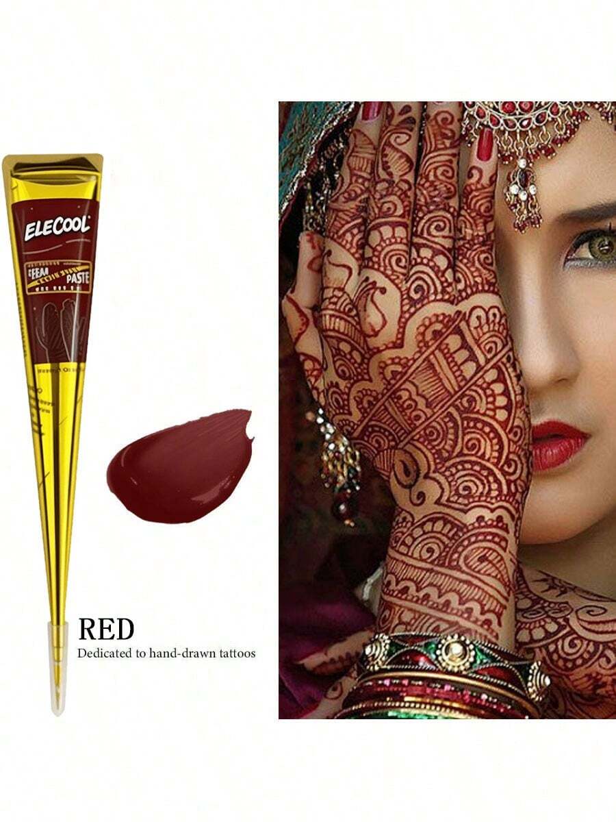 [Colorful Henna Tattoo Set]High-Quality Henna Tattoos In Multiple Colors, 12 Reusable Random Stencils | Pre-Mixed Natural Henna Dye For Temporary Body Art | Waterproof And Smudge-Proof, Durable | Beginner-Friendly DIY Kit, Suitable For Parties, Festivals, Halloween, Weddings, And Henna Nights - 紅色+棕色 - 查看 1