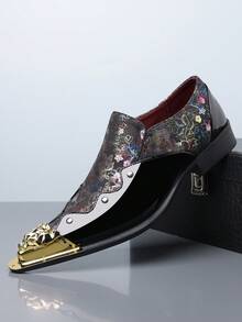 QRLQRL 男士商务休闲正装鞋一双，鞋头金色装饰，图案PU鞋面，橡胶鞋底，套穿式设计，平跟 - 黑色 - 查看 1