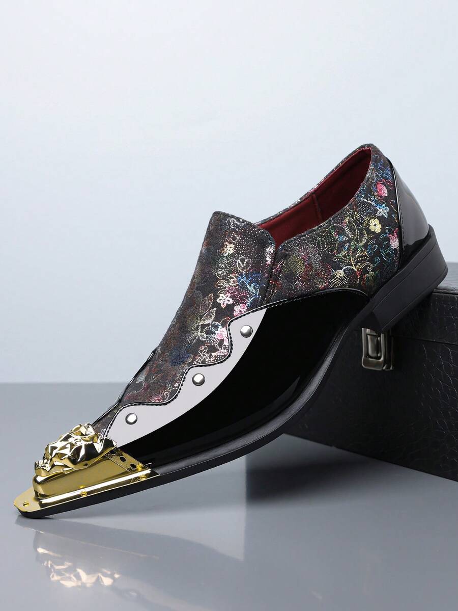 QRLQRL 男士商务休闲正装鞋一双，鞋头金色装饰，图案PU鞋面，橡胶鞋底，套穿式设计，平跟 - 黑色 - 查看 1