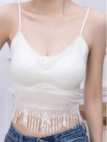 RUIWY Tassel Lace Camisole With Padded Bust, Breathable Tube Top For Layering, Prevents Wardrobe Malfunction White Casual Summer - White - View 3