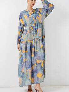 Vestido de línea A de manga larga con botones y estampado floral rosado de estilo bohemio para mujer - azul real - Ver 3