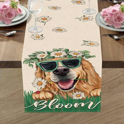 Khăn trải bàn hình chó săn Golden Retriever mùa xuân & hè, họa tiết hoa cúc và lá bạch đàn nở rộ, trang trí bàn ăn nhà bếp, đồ trang trí nhà cửa trong nhà và ngoài trời bằng vải bố theo mùa, đồ dùng trang trí tiệc tùng.