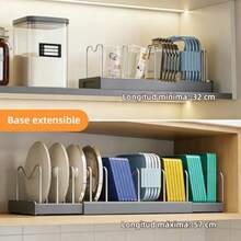 Organizador de Sartenes y Ollas Organizador de Cocina Acero Inoxidable con 10 Compartimentos Ajustables Estante Corredizo Expandible 32-57 cm Base ABS Protectora (Gris) - Gris - Ver 4