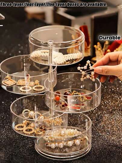 1pc 5-Tier Rotating Jewelry Box, Minimalist Transparent Rotating Multi-Layer Jewelry Storage Box With Clear Dust-Proof Dividers, Space-Saving Necklace Bracelet Hair Clip Cosmetic Organizer, Suitable For Home, Valentine's Day, Back To School, Room Decor