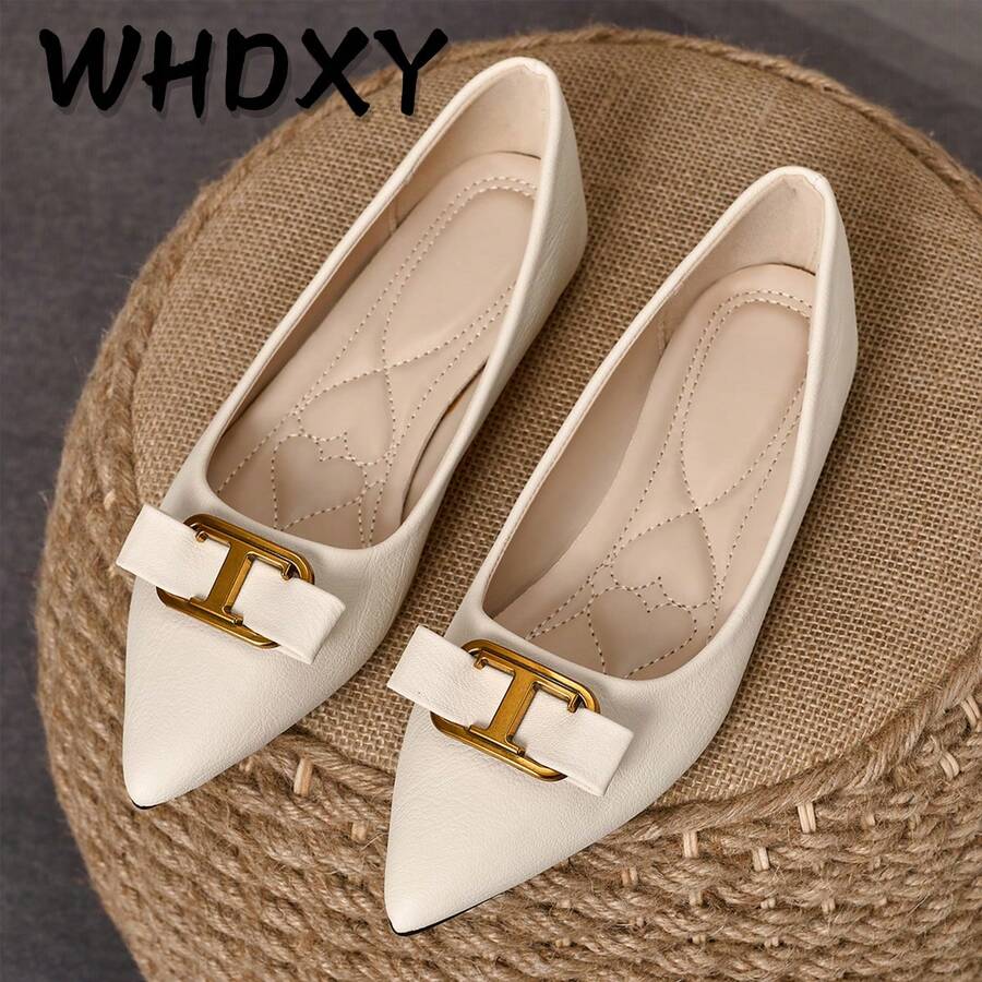 WHDXY 女士法式平底鞋,尖头蝴蝶结低帮复古黑色乐福鞋,百搭优雅莫卡辛鞋 - 杏色 - 查看 1