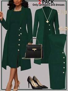Women's Elegant 2-Piece Set For Autumn/Winter: Solid Color Long Sleeve Cardigan Blazer Jacket + Sleeveless Button-Down Midi Dress Spring - Dark Green 31 - View 4